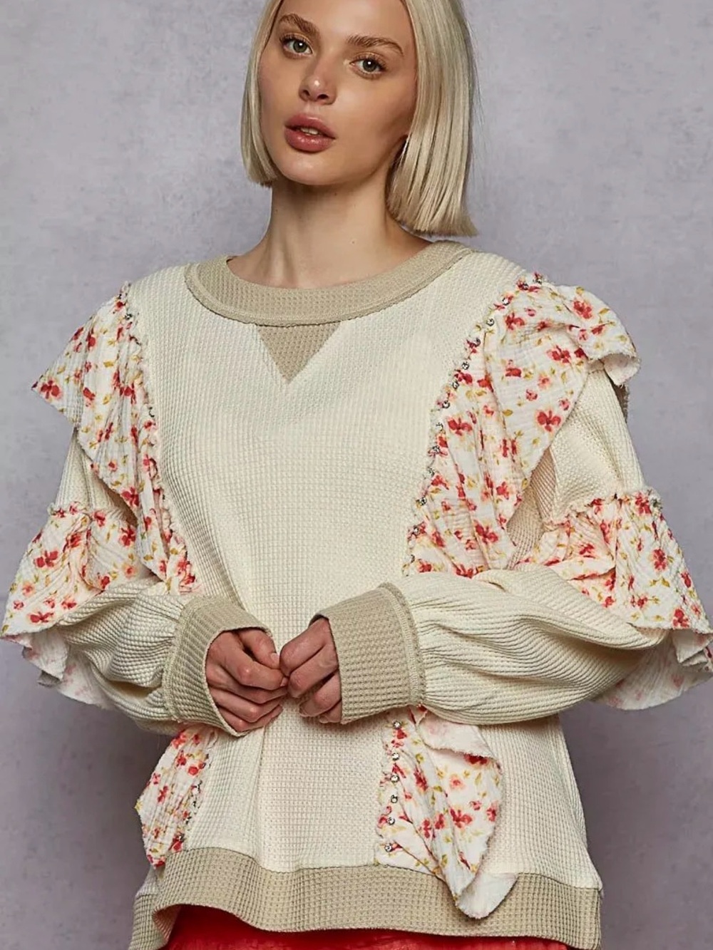 POL $71 Round Neck Ruffle Waffle Knit Floral Rhinestone Top Small